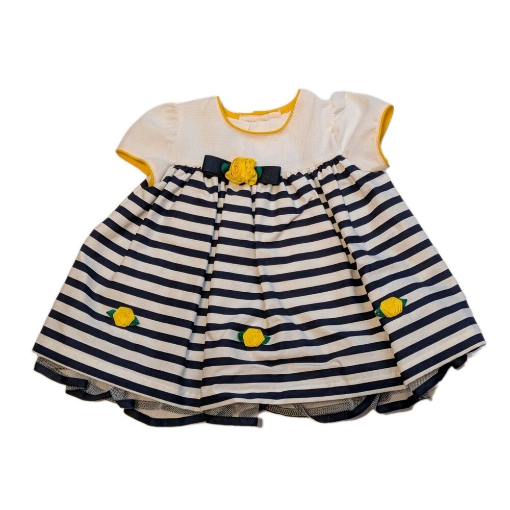 NWT Vintage Bonnie Baby Dress Blue Stripes & Yellow Flowers Size 18 Months READ